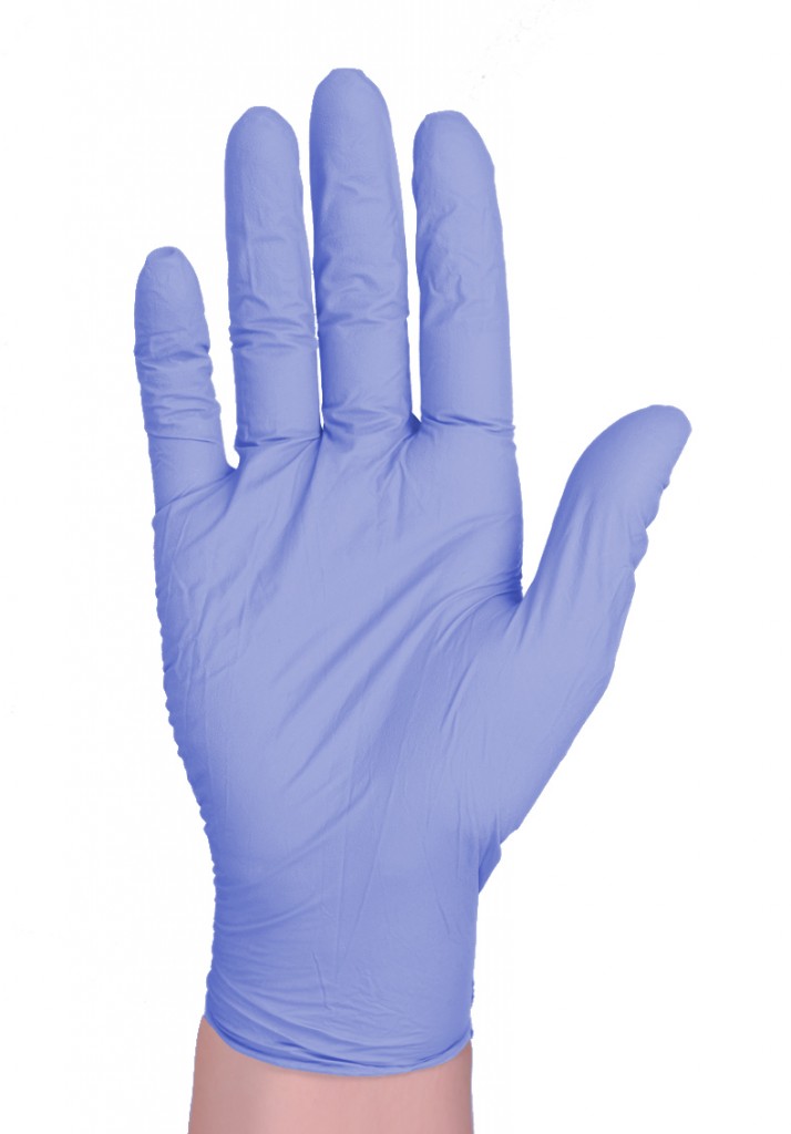 Нитриловые гипоаллергенные перчатки надетые на руку.